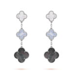 Gold Triple Clover Drop Earrings with Chalcedony and Mother of Pearl