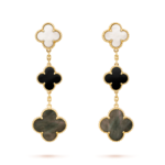 Gold Triple Clover Drop Earrings with Mother of Pearl and Onyx