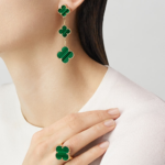 Gold Triple Clover Drop Earrings with Green Malachite - Image 2