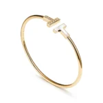 Gold-Plated T-Bar Open Bangle with Mother of Pearl & CZ - Image 2